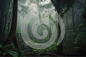 dark rainforest with towering trees and misty atmosphere