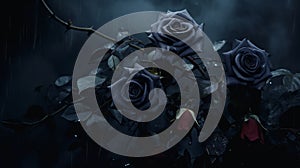 Dark And Rainy Scene With Roses: A Cinematic And Gothic Nature-inspired Imagery