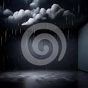 Dark, rainy storm cloud in an empty dark room - ai generated image