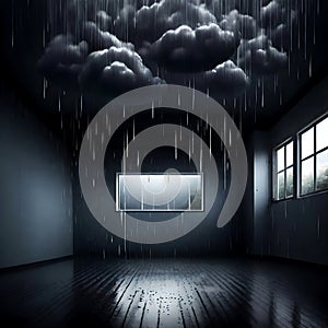 Dark, rainy storm cloud in an empty dark room - ai generated image