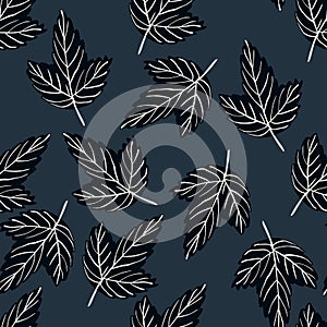 Dark random seamless pattern with black outline leaf shapes. Navy blue background