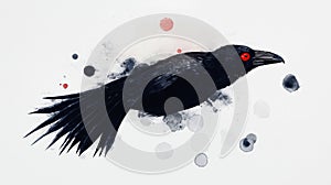 Dark raven illustration. Black bird with red eyes. Artistic style combines graphic design, fine art techniques. Abstract photo