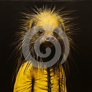 Dark Realism: A Captivating Painting Of A Yellow Porcupine photo