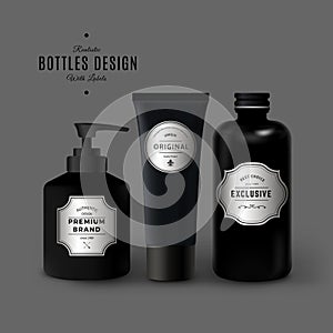 Dark Realistic Cosmetic Bottles Set. Product Packaging Design with Vintage Labels. Black Plastic Container Mockup