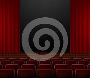 Dark realistic Theater stage with red curtains and spotlight in the center. Template for banner. Theater interior empty