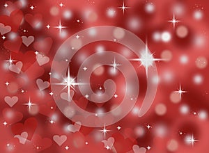 Dark red abstract bokeh valentines day card background illustration with sparkles and stars
