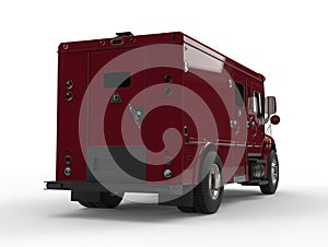 Dark red armored transport car - back view