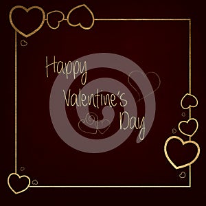 Dark red background with luxery golden frame and hearts. Valentines day illustration
