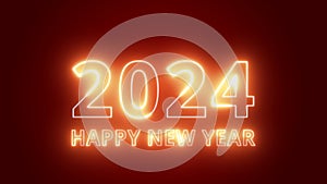 On a dark red background, the numbers 2024 and the text Happy New Year glow with yellow light and approach. Animation of