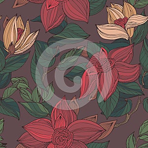 Dark red, beige, brown and green seamless vintage floral pattern