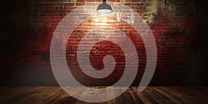 Dark Red Brick Wall Background: Grunge Texture with Hanging Light