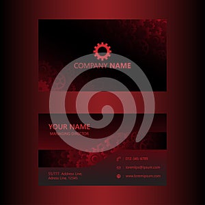 Dark red business card template gears background, engineer and mechanical concept, visiting card