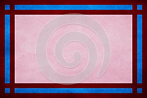 Dark red grunge frame. Pink textured parchment background. Blue geometric border trim, rectangle lines, squares in corner.