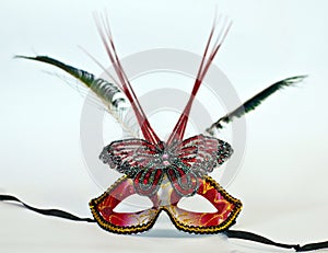 Dark red mask with feathers and butterfly