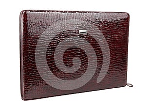 Dark red reptile skin leather case or folder for papers isolated