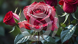 Dark Red Rose With Raindrops Against Green Foliage.Raindrop Adorned Rouge