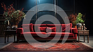 Dark Red Sofa with a Dark Gray Empty Wall Behind Persian Rug on Floor Lux Side Table Living Room Background