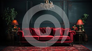 Dark Red Sofa with a Dark Gray Empty Wall Behind Persian Rug on Floor Lux Side Table Living Room Background