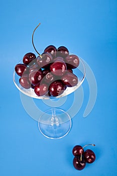 Dark red sweet cherries filled in martini glass on solid blue background