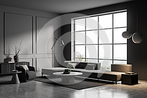 Dark relaxing room interior with sofa and armchair with coffee table, window