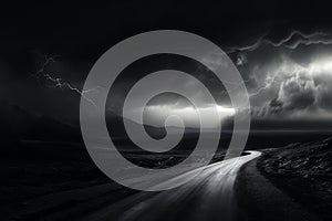 Dark road with lightning bolt in the sky above it. Generative AI