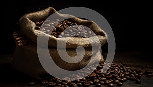 Dark roasted coffee beans in a burlap sack, a caffeine delight generated by AI
