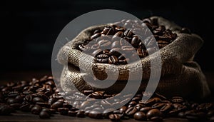 Dark roasted coffee beans in a burlap sack, close up shot generated by AI