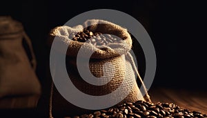 Dark roasted coffee beans in burlap sack, ready for grinding generated by AI