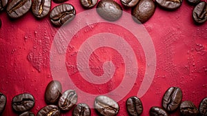 Dark Roasted Coffee Beans Close-up on Red Background, Shiny Oily Beans Piled in Random Pattern