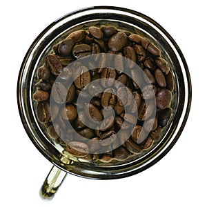 Dark roasted coffee beans in glass cup isolated on white