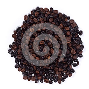 Dark roasted coffee beans on white background