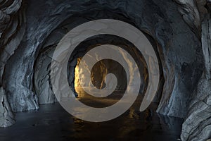 The dark rock tunnel with light illuminated in the end, 3d rendering