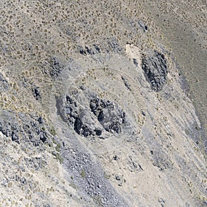 Dark rocks and scant vegetation on mt. St.Cuthbert barren slopes, near Omarama, New Zealand