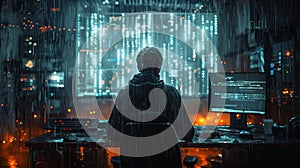 A dark room with binary code and data flowing in the air. A computer screen on a table in the center of the scene. A