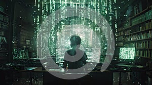 A dark room with binary code and data flowing in the air. A computer screen on a table in the center of the scene. A