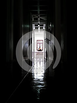 Dark room with a Buddha statue at the endways photo