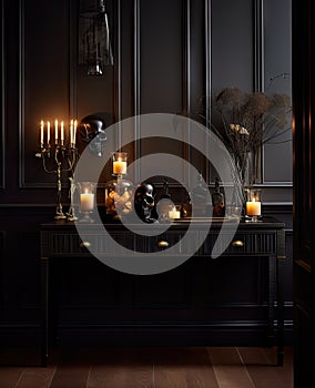 a dark room with candles and a table