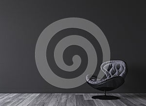 Dark room design mockup, black armchair om empty background, minimal style