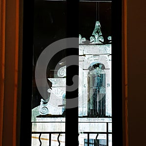 Dark room, light church on black sky