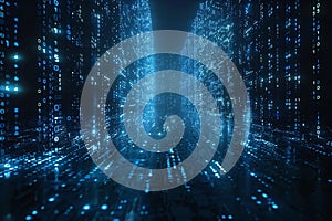 A dark room with a matrix code glowing blue on a black background. the wall is made of digital numbers and data flowing down