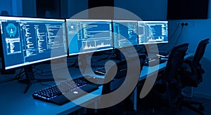 Dark Room with Multiple Computer Monitors Displaying Code and Data in Blue Light technology screens