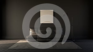 Dark room in plain monochrome gray tones with sofa,chair,plants  and floor lamp on a carpet. Black background. 3D rendering