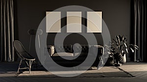 Dark room in plain monochrome gray tones with sofa,chair,plants  and floor lamp on a carpet. Black background. 3D rendering