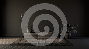 Dark room in plain monochrome grey tones with a tv set, plant  and floor lamp on a carpet. Black background. 3D rendering