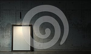 Dark room in the twilight with empty blank white poster in black frame standing on the floor. Gloomy interior in loft style with c