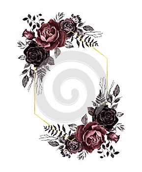 Dark roses floral border, vintage victorian gothic style. Burgundy, red, maroon and black rose wreath with golden geometric frame