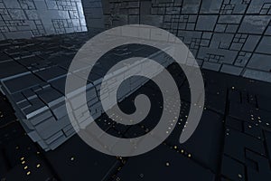 Dark ruins with circuit texture wall, sci-fi architecture background, 3d rendering