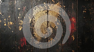Dark Rustic Wood Texture with Gold and Red Accents