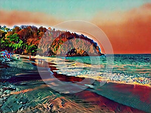 Dark sand beach and seaside with distant mountain. Digital illustration of tropical nature