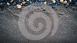 Dark Sand Beach Texture with Grey Pebbles and Shells